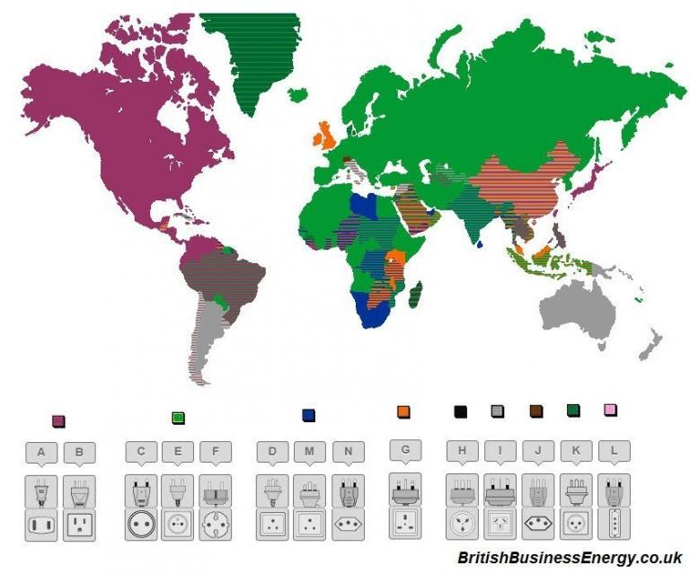 Mapa gniazd elektrycznych na świecie