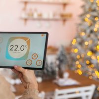 Young woman using application in his smart home at Christmas