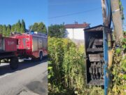 Zabytkowa przyczepa proszkowa wezwana do akcji gaśniczej transformatora (woj. łódzkie)
